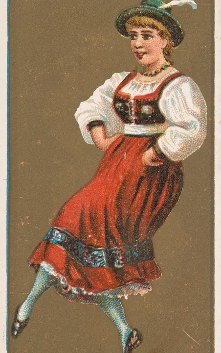 Colour lithograph card: a dancing girl in a red skirt, white blouse, dark laced bodice and a green hat with a feather