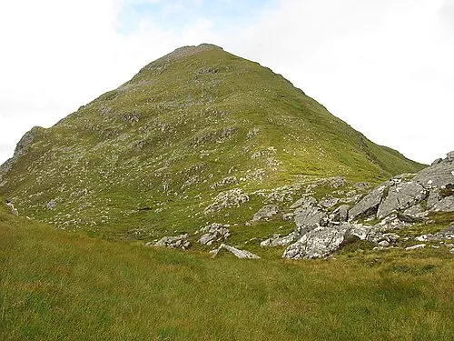 Ben Stack, a bare conical hill over moorland and a loch in Sutherland