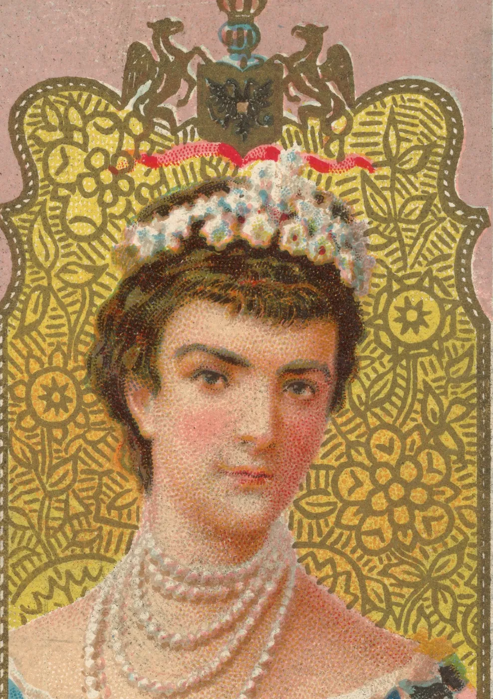 Card portrait: the Empress of Austria with flowers in her hair and long strands of pearls, before a gilt lace ground and the double-headed eagle