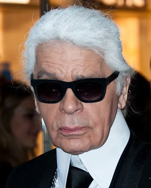 Karl Lagerfeld in 2014: white ponytail, dark glasses, high white collar