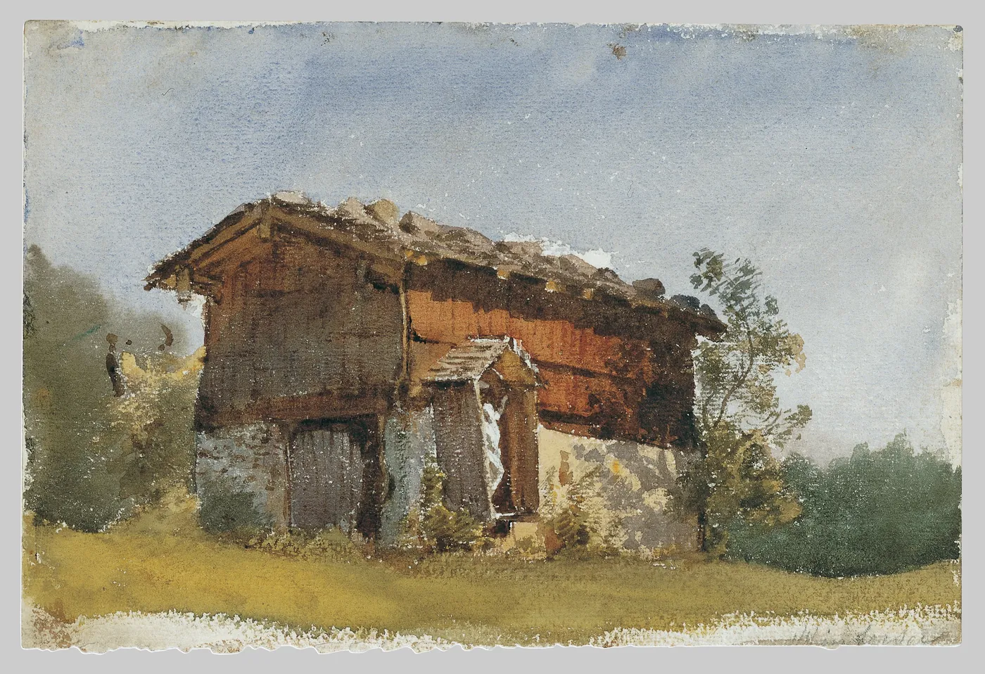 Watercolour: a weathered timber hut on a stone base under a grey-blue sky, ochre grass and dark trees around it