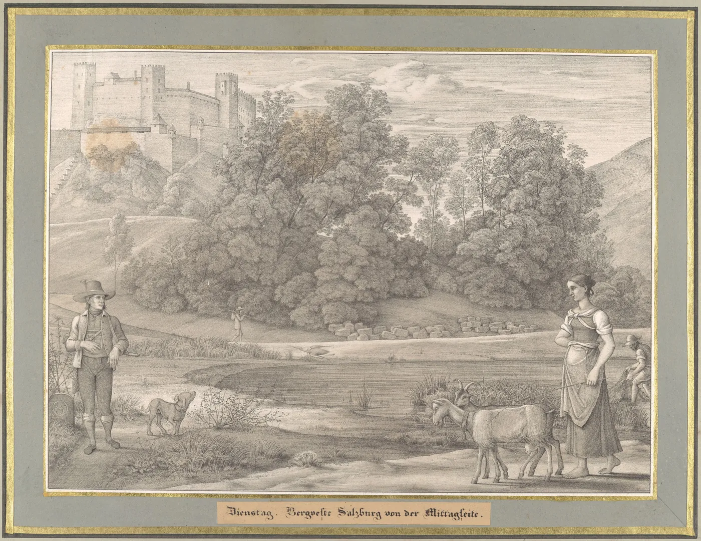 Lithograph: the fortress of Salzburg above a pond, a man in a hat and short jacket with a dog