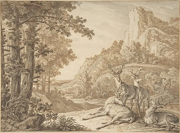 Drawing: stags resting and standing in a wooded valley under a rock face