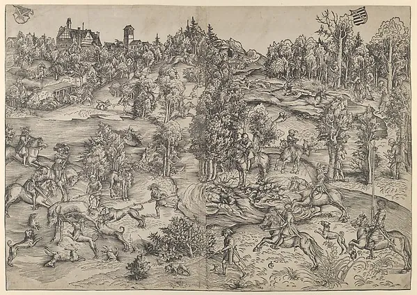 Woodcut: horsemen, hounds and stags across a wooded landscape with a castle above