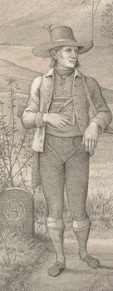Detail from Olivier's lithograph: a man in a hat, short jacket and knee breeches
