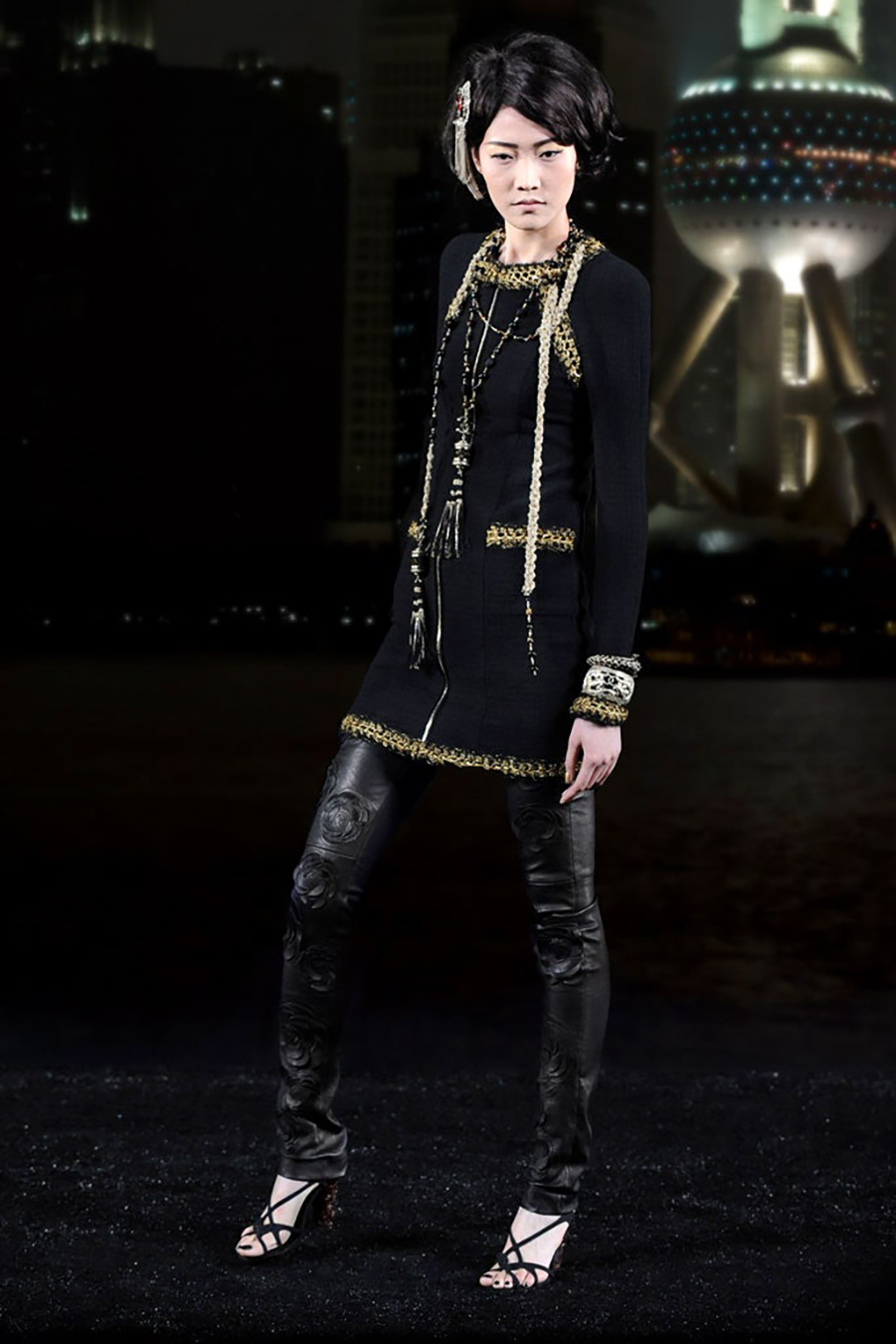 chanel Shanghai Look 21 black gold trim tweed coat runway.jpg