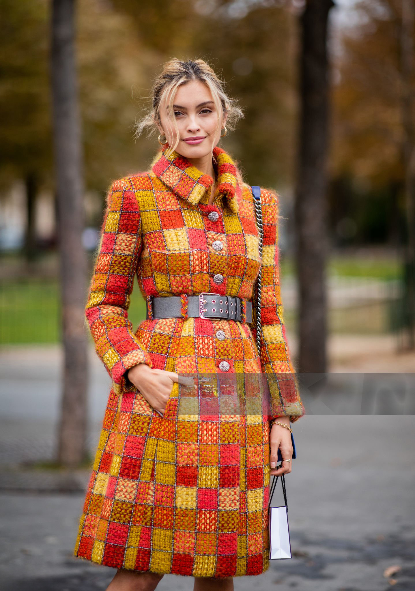 Hamburg orange belted tweed coat cel2.jpg