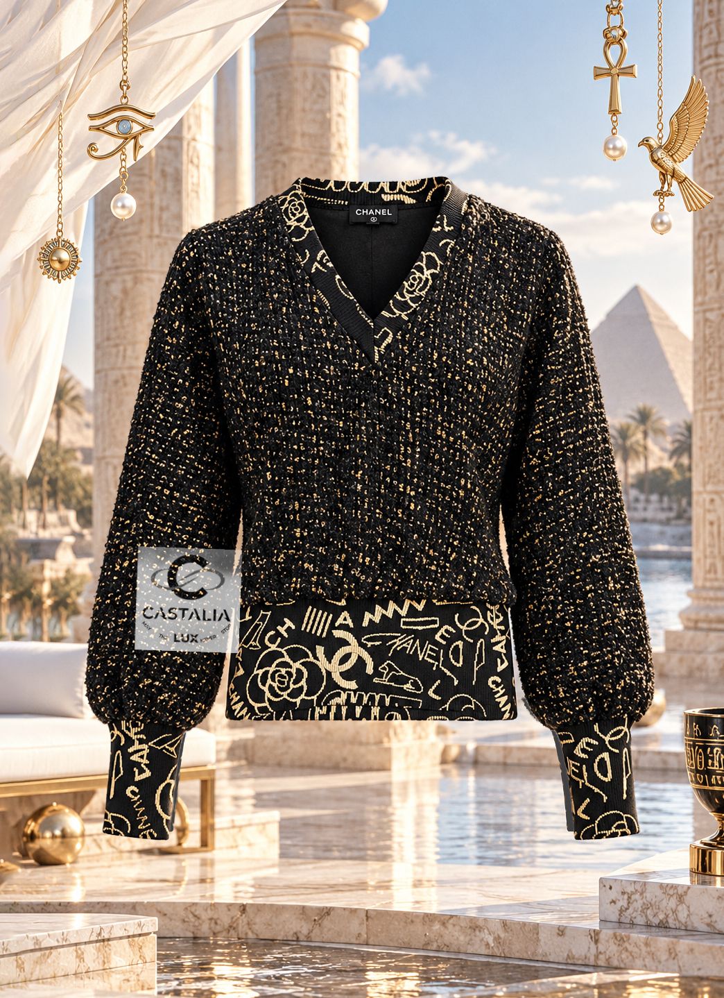 CHANEL Egyptian Collection Black Tweed Jumper with CC Graffiti — Egyptian Collection, Métiers d'Art 2019