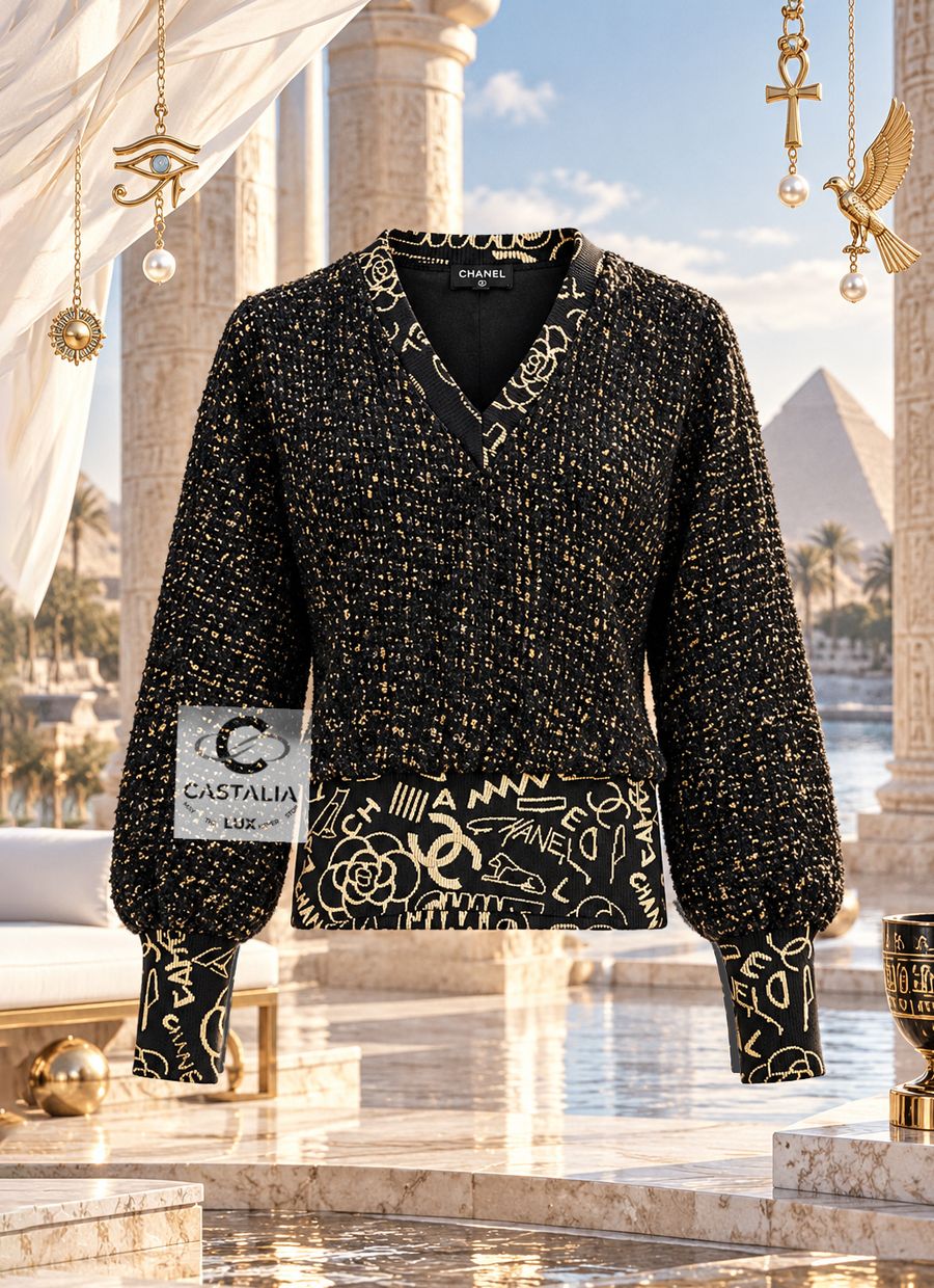 CHANEL Egyptian Collection Black Tweed Jumper with CC Graffiti — Egyptian Collection, Métiers d'Art 2019