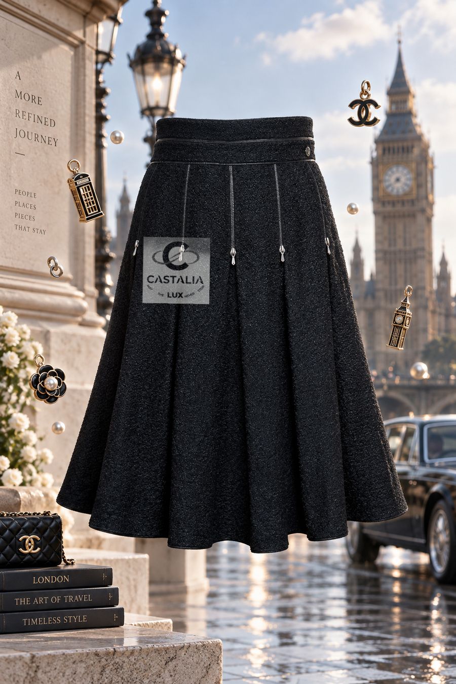CHANEL Paris / London Punk Style Black Tweed Skirt with Zipper Accents — Paris / London, Métiers d'Art 2008