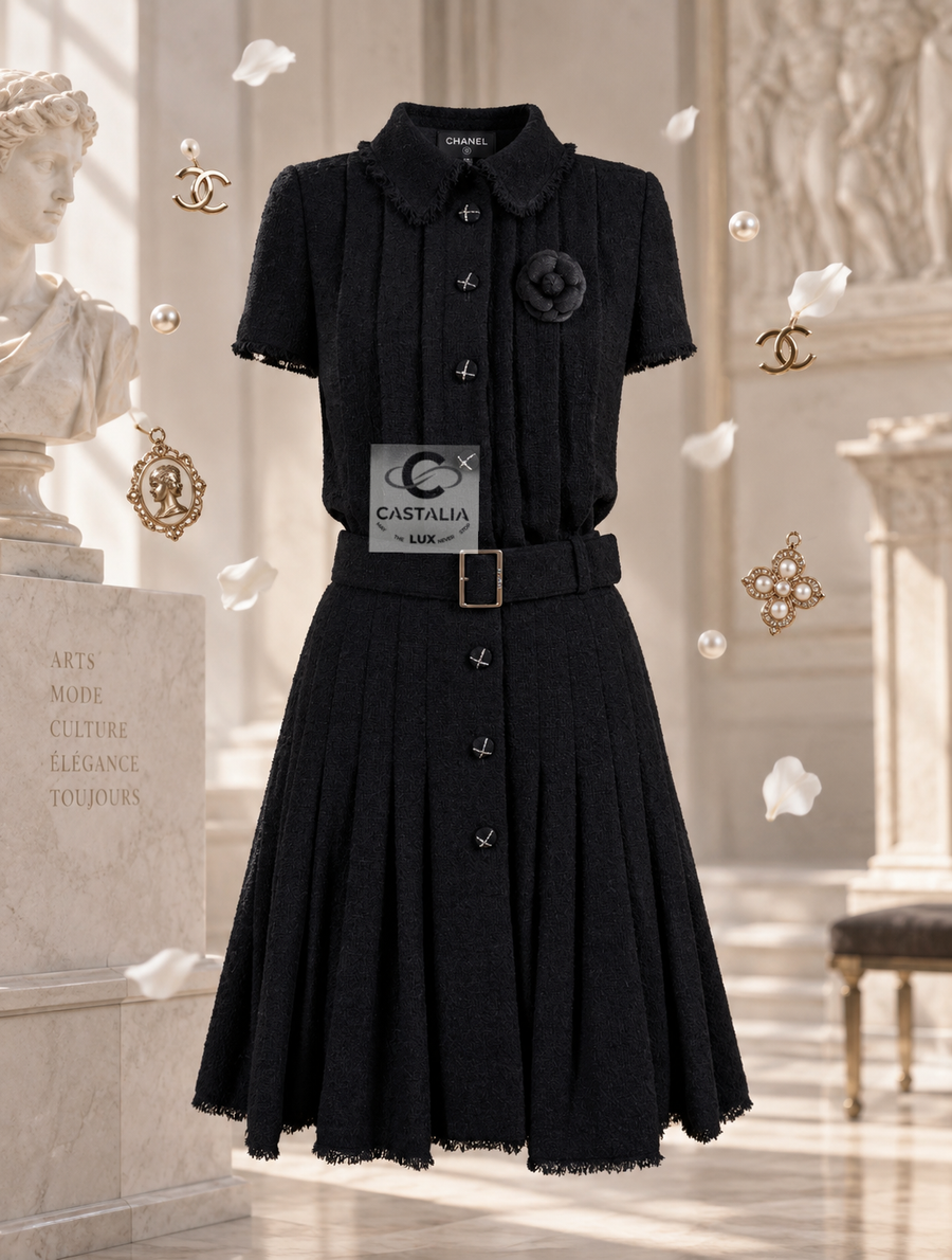 07A black belted pleated tweed dress black brooch crop copy.png