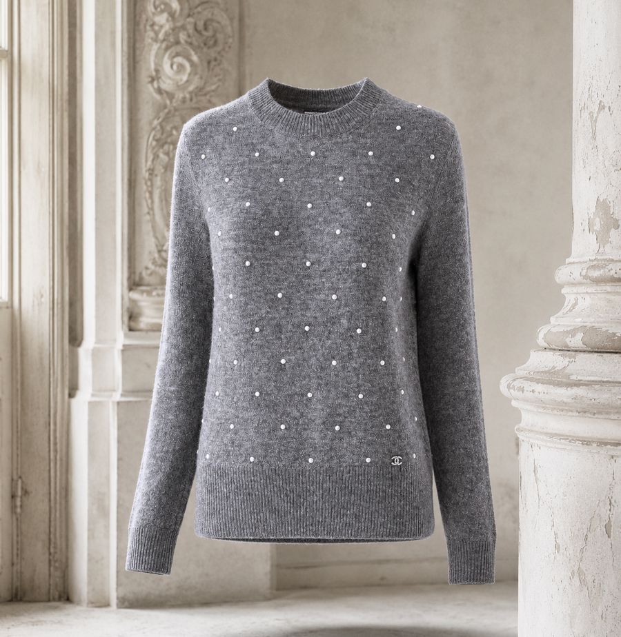 CHANEL Pearl Embellished Grey Jumper with CC Charm — Under the Sea, Spring 2012
