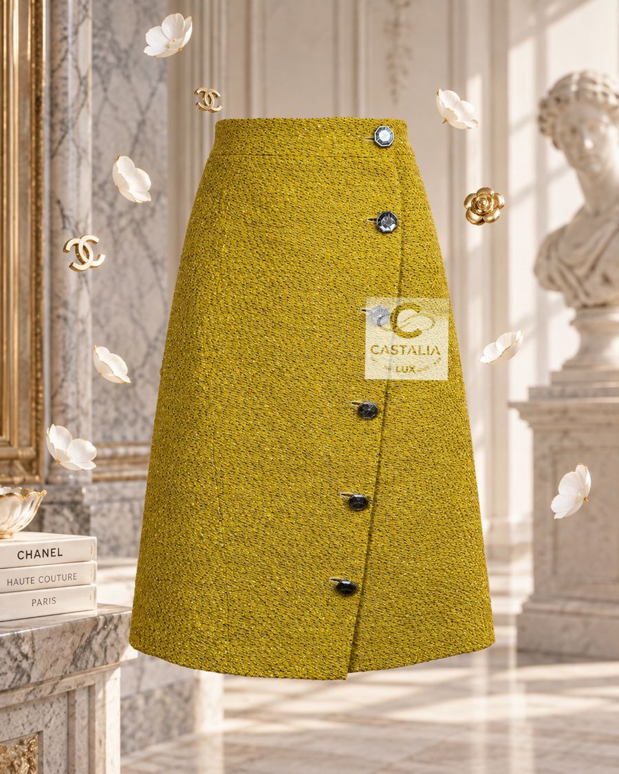 CHANEL 2012 Ad Campaign Ocher Tweed Skirt with Gripoix Buttons — Crystal Cave, Fall 2012