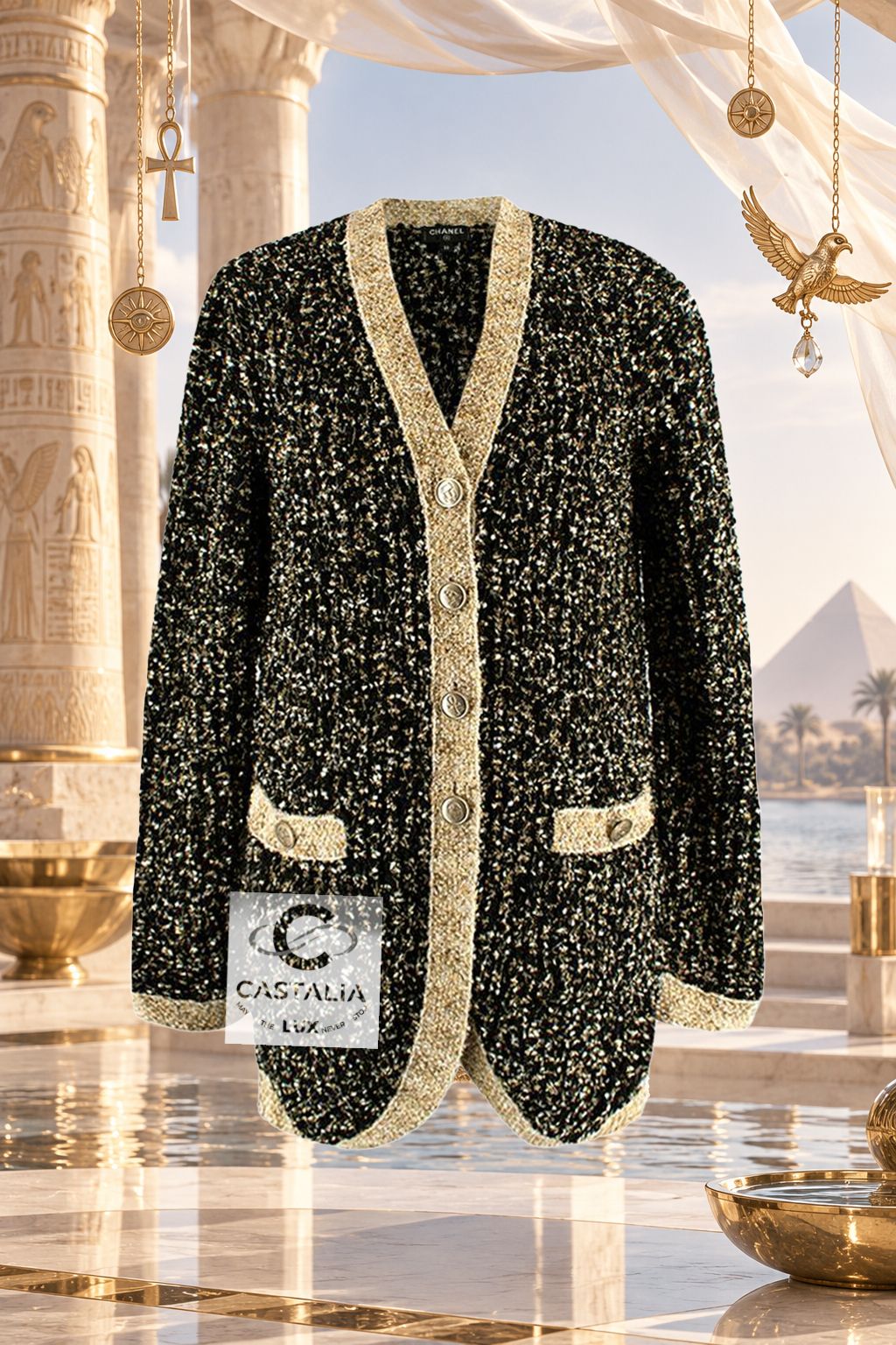 CHANEL Egyptian Collection Black Tweed Cardigan with CC Buttons — Egyptian Collection, Métiers d'Art 2019