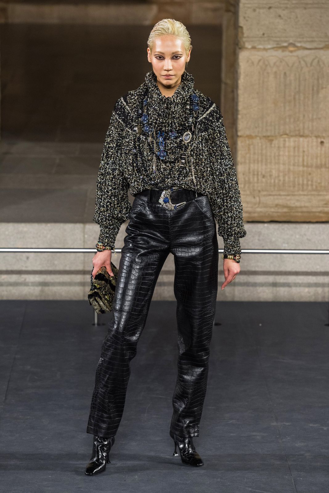 CHANEL Egyptian Collection Black Tweed Cardigan with CC Buttons, runway photograph — Egyptian Collection, Métiers d'Art 2019