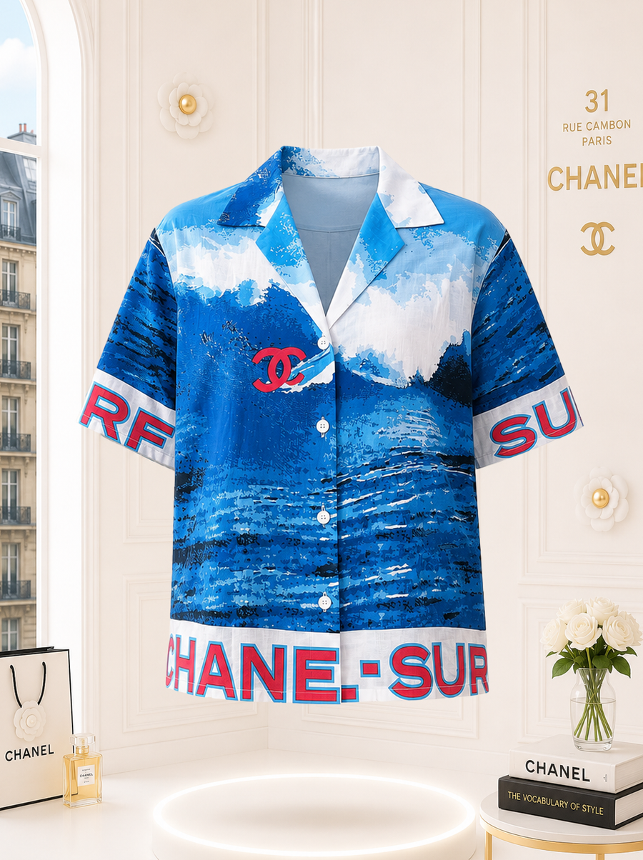 CHANEL 2002 Coco Surf Blue Shirt with CC Logo — Spring 2002