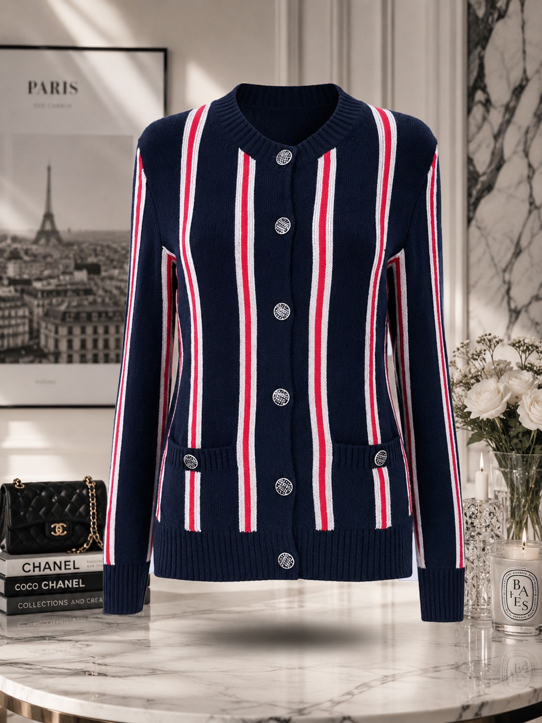 CHANEL Cubism Inspired Cardigan with Logo Buttons — Signed Gabrielle, Fall 2017 Pre-Collection